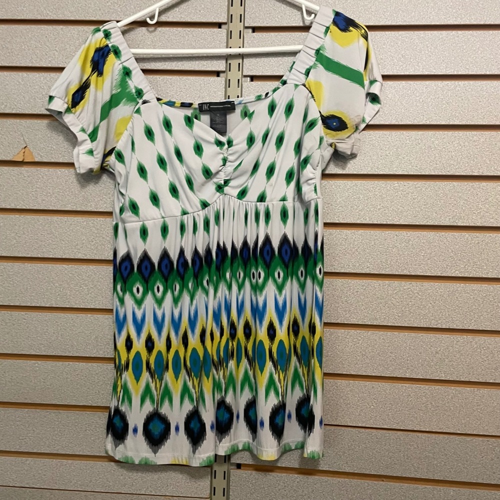 INC International Concepts Top M White Green Blue Yellow Ikat Print Short Sleeve